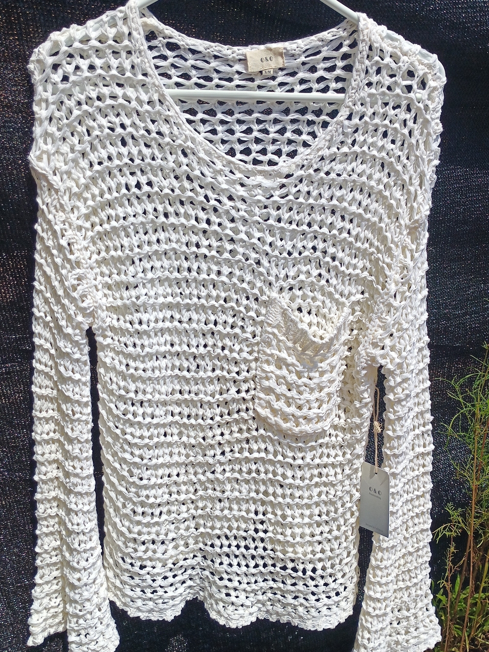 O&0 Creamy White Crochet Knit Open-Weave Scoop Neck Flared Sleeve Sweater